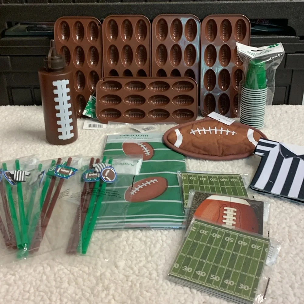 Football Party 40 pc Set Tablecloth Straws Coasters Coozie Ice Trays Cups & More